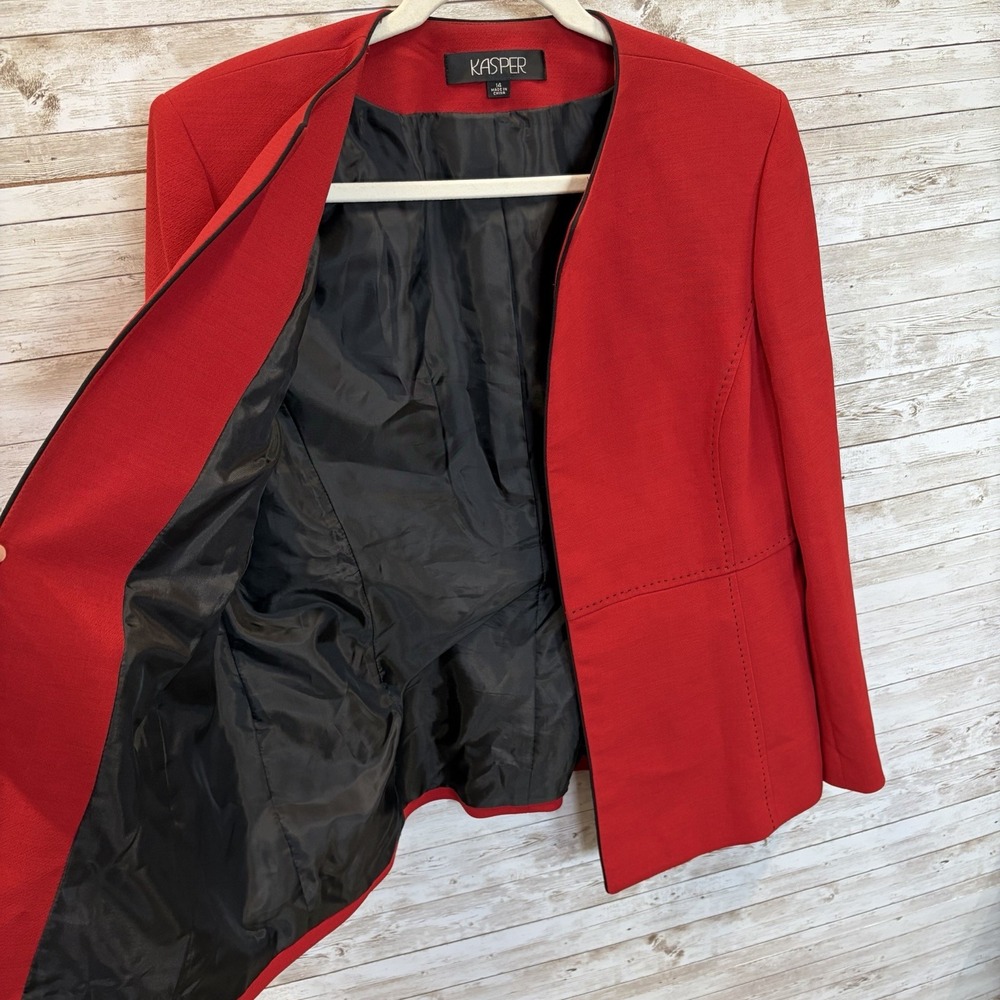 Kasper Womens 14 Blazer Red Longline Jacket Black Pick Stitch Collarless Career - Picture 4 of 10